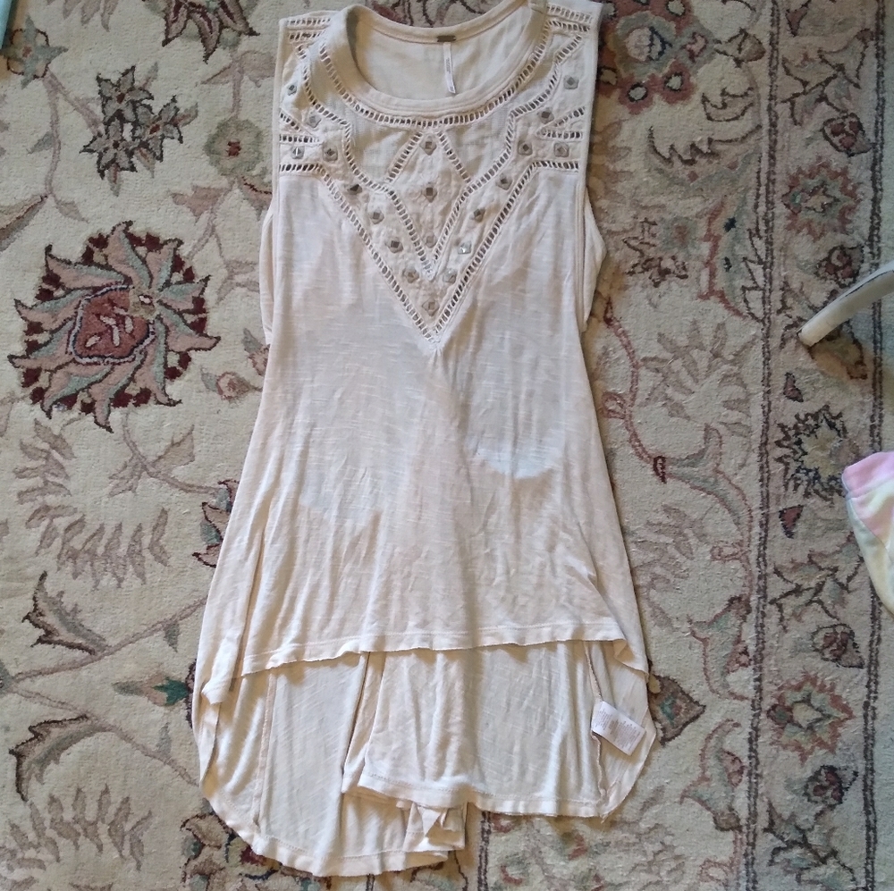 Free People Beige Embroidered Studded Tank Top Open Back